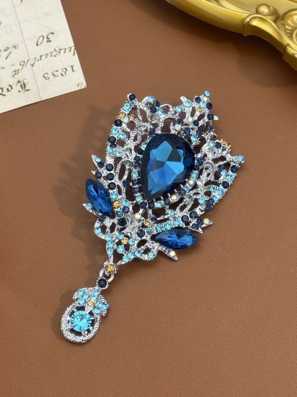 Vintage Blue Multi-Crystal Filigree Drop Brooch in Silver Tone